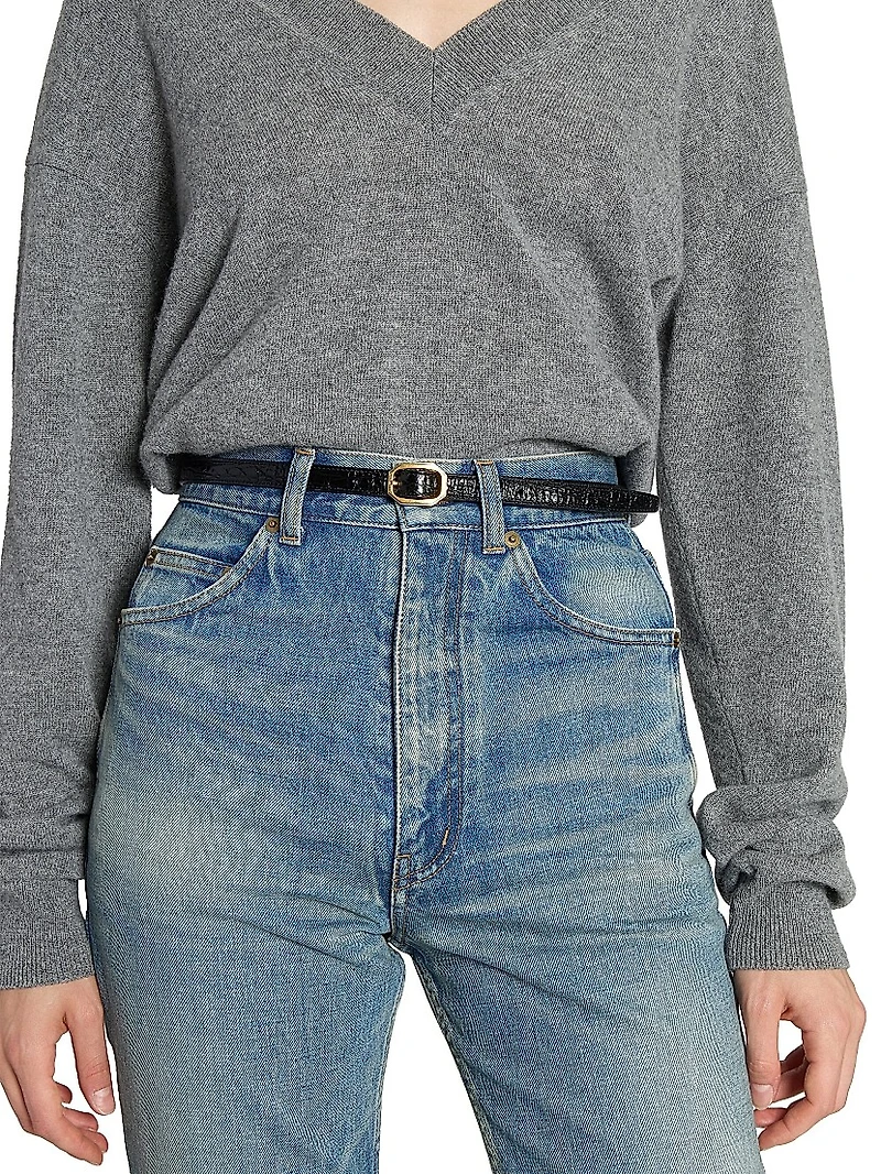 Frame Thin Belt Crocodile-Embossed Leather