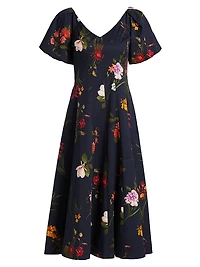 Magnolia Floral Puff-Sleeve Cocktail Dress