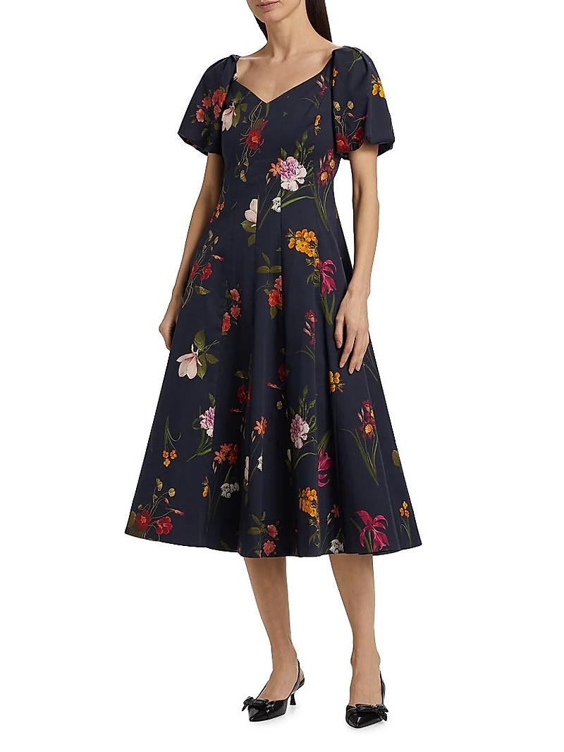 Magnolia Floral Puff-Sleeve Cocktail Dress
