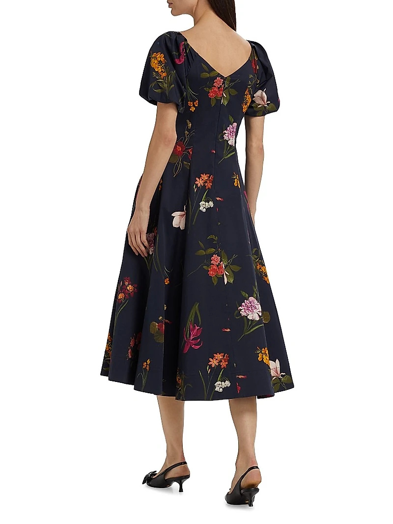 Magnolia Floral Puff-Sleeve Cocktail Dress