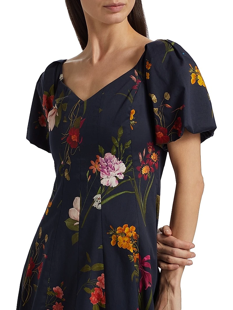 Magnolia Floral Puff-Sleeve Cocktail Dress