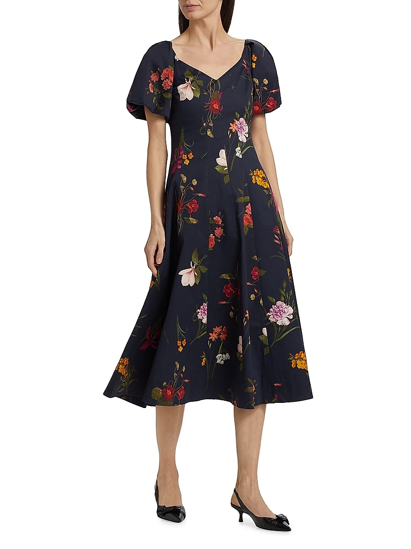 Magnolia Floral Puff-Sleeve Cocktail Dress