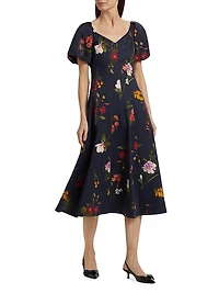 Magnolia Floral Puff-Sleeve Cocktail Dress