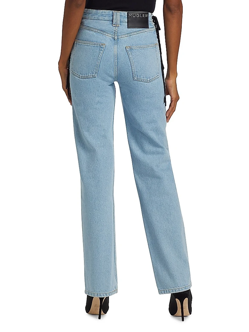 Lace-Up Mid-Rise Slim Jeans