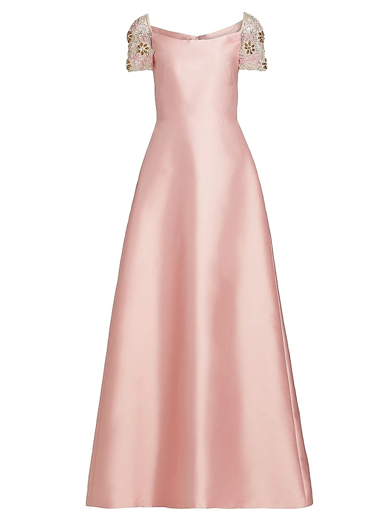Embellished-Sleeve Satin A-Line Gown