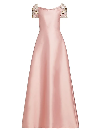 Embellished-Sleeve Satin A-Line Gown