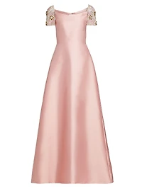 Embellished-Sleeve Satin A-Line Gown