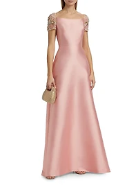 Embellished-Sleeve Satin A-Line Gown