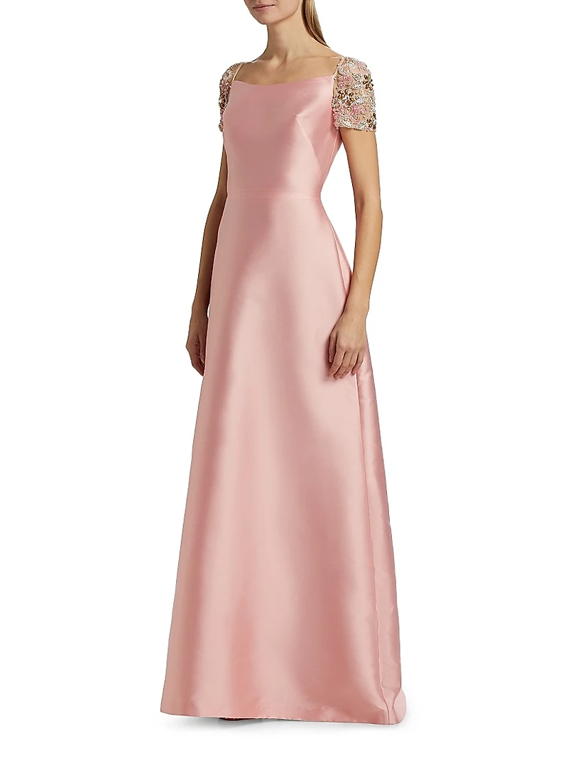 Embellished-Sleeve Satin A-Line Gown