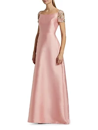 Embellished-Sleeve Satin A-Line Gown