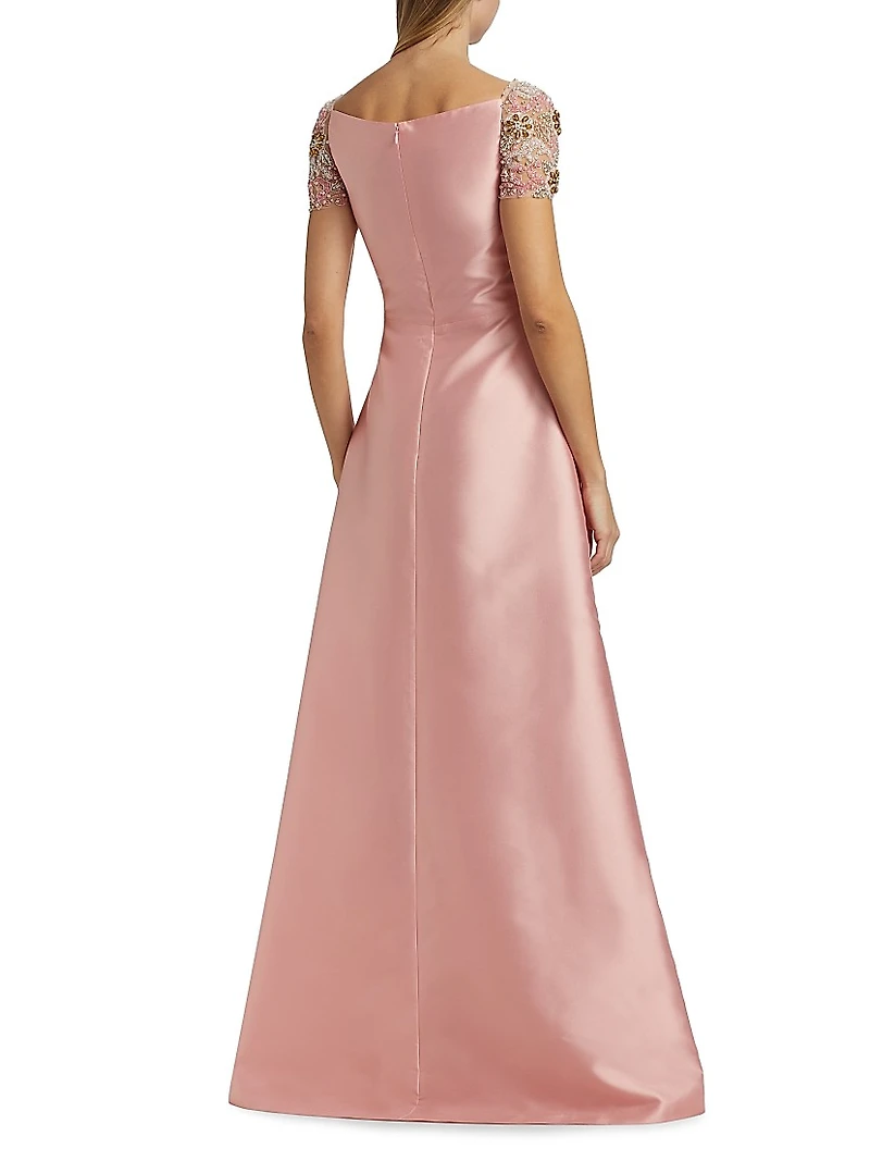 Embellished-Sleeve Satin A-Line Gown