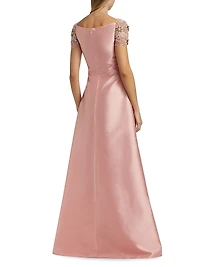 Embellished-Sleeve Satin A-Line Gown