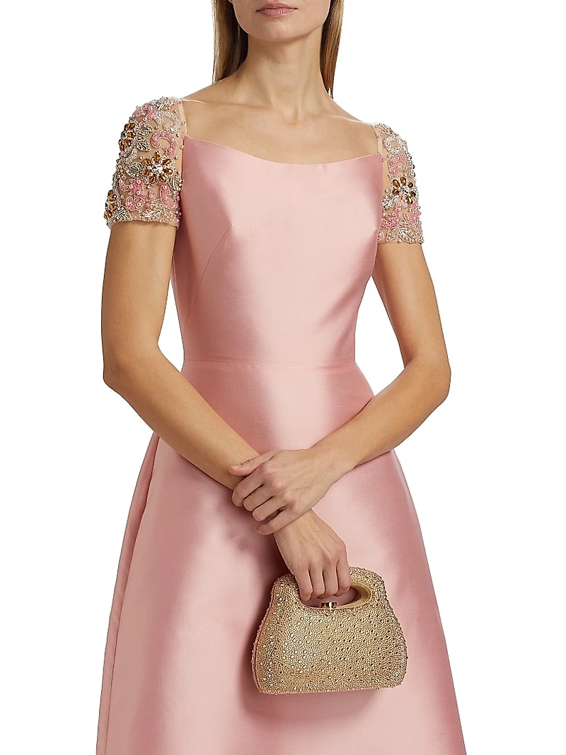 Embellished-Sleeve Satin A-Line Gown