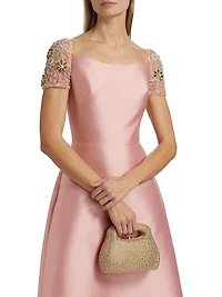 Embellished-Sleeve Satin A-Line Gown