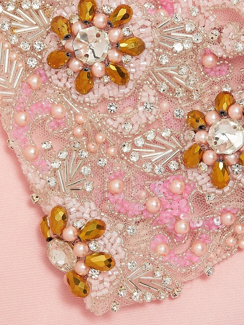 Embellished-Sleeve Satin A-Line Gown