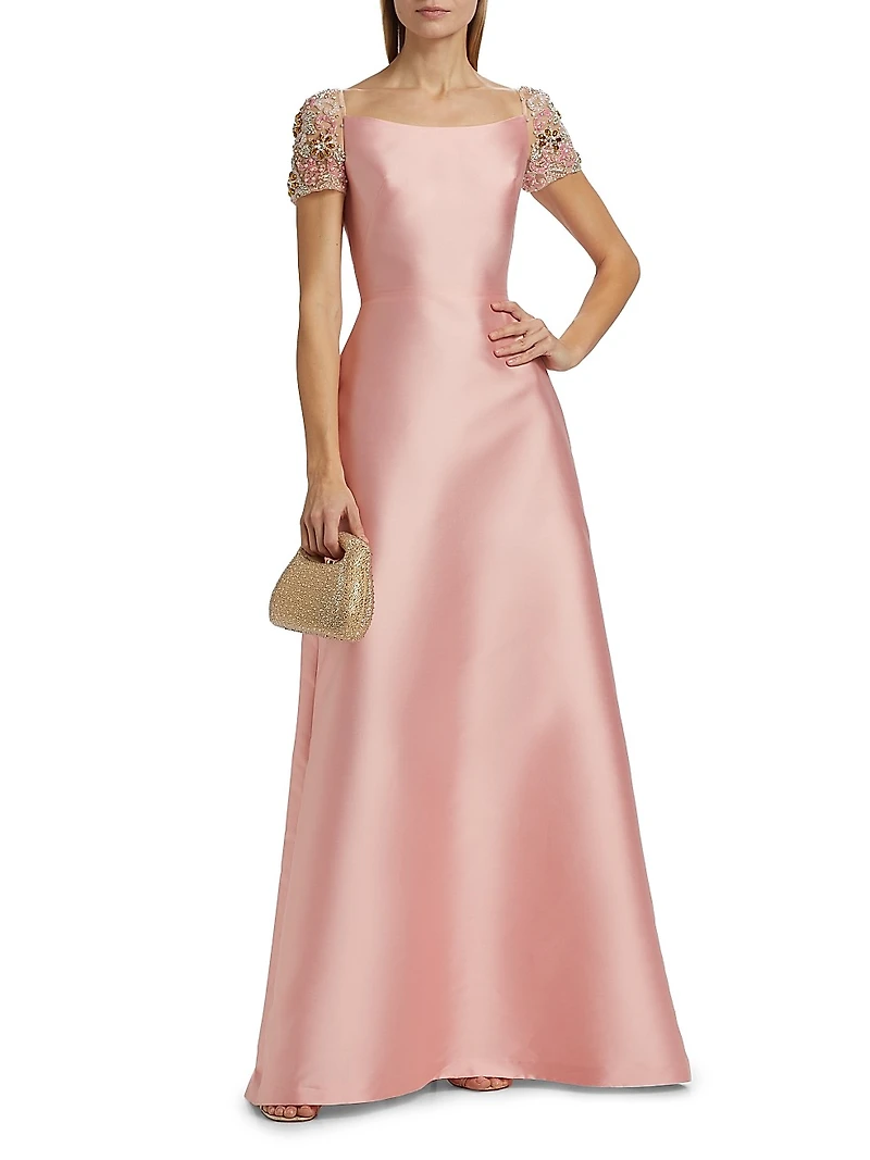 Embellished-Sleeve Satin A-Line Gown