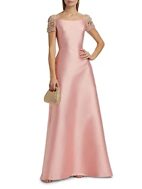 Embellished-Sleeve Satin A-Line Gown