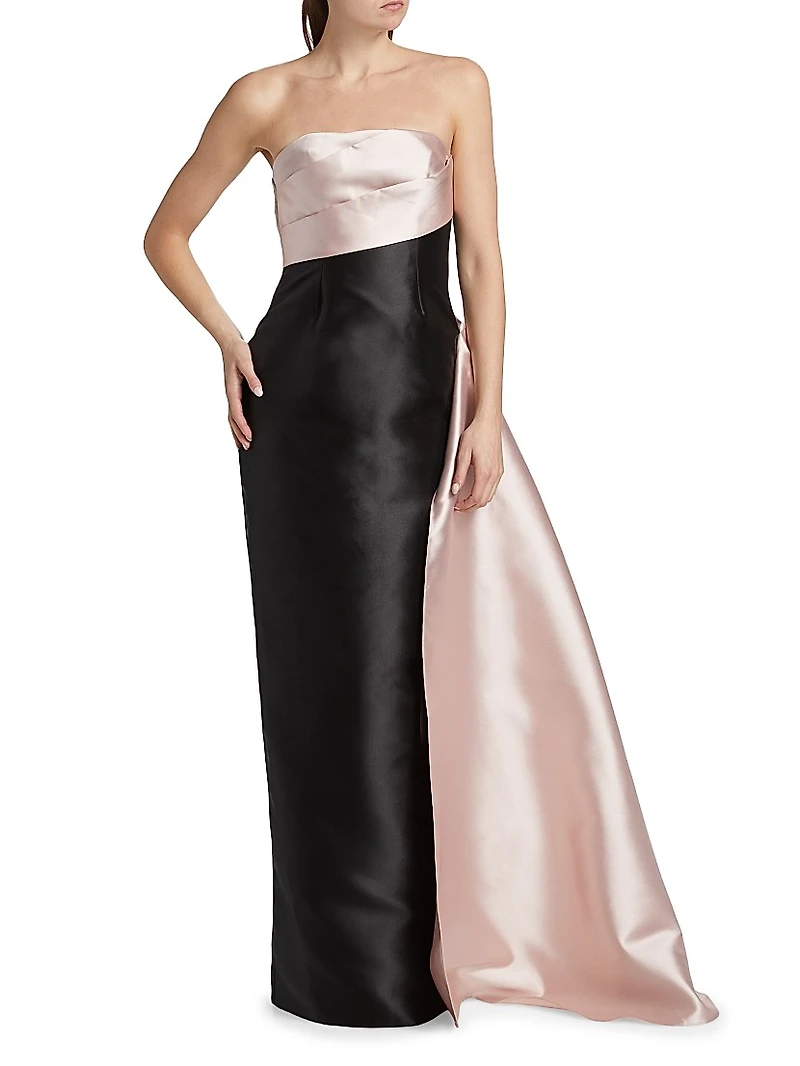 Colorblocked Satin Strapless Column Gown