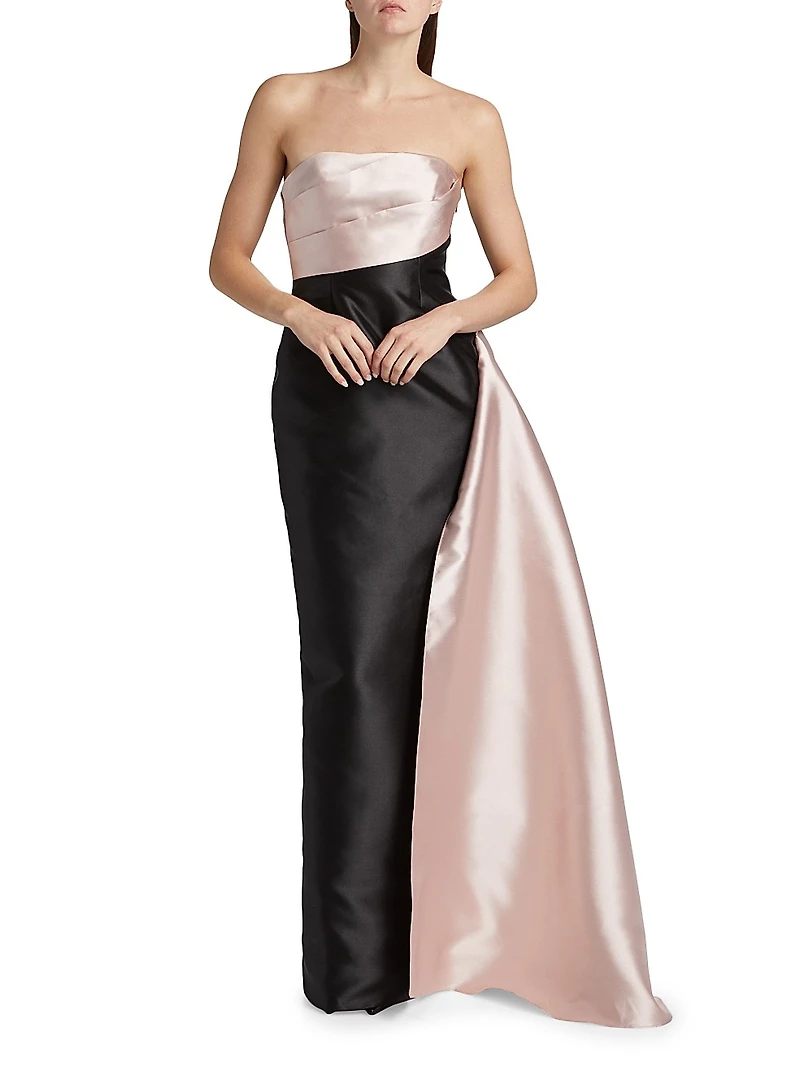 Colorblocked Satin Strapless Column Gown