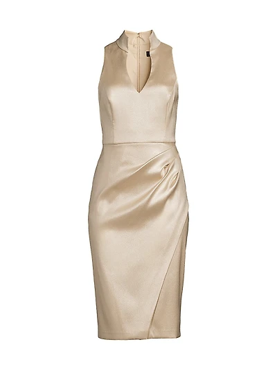 Foiled Mikado Split Highneck Sheath Dress