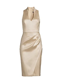 Foiled Mikado Split Highneck Sheath Dress