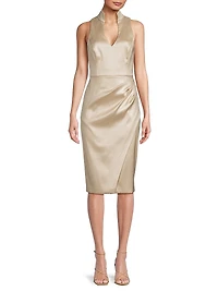 Foiled Mikado Split Highneck Sheath Dress