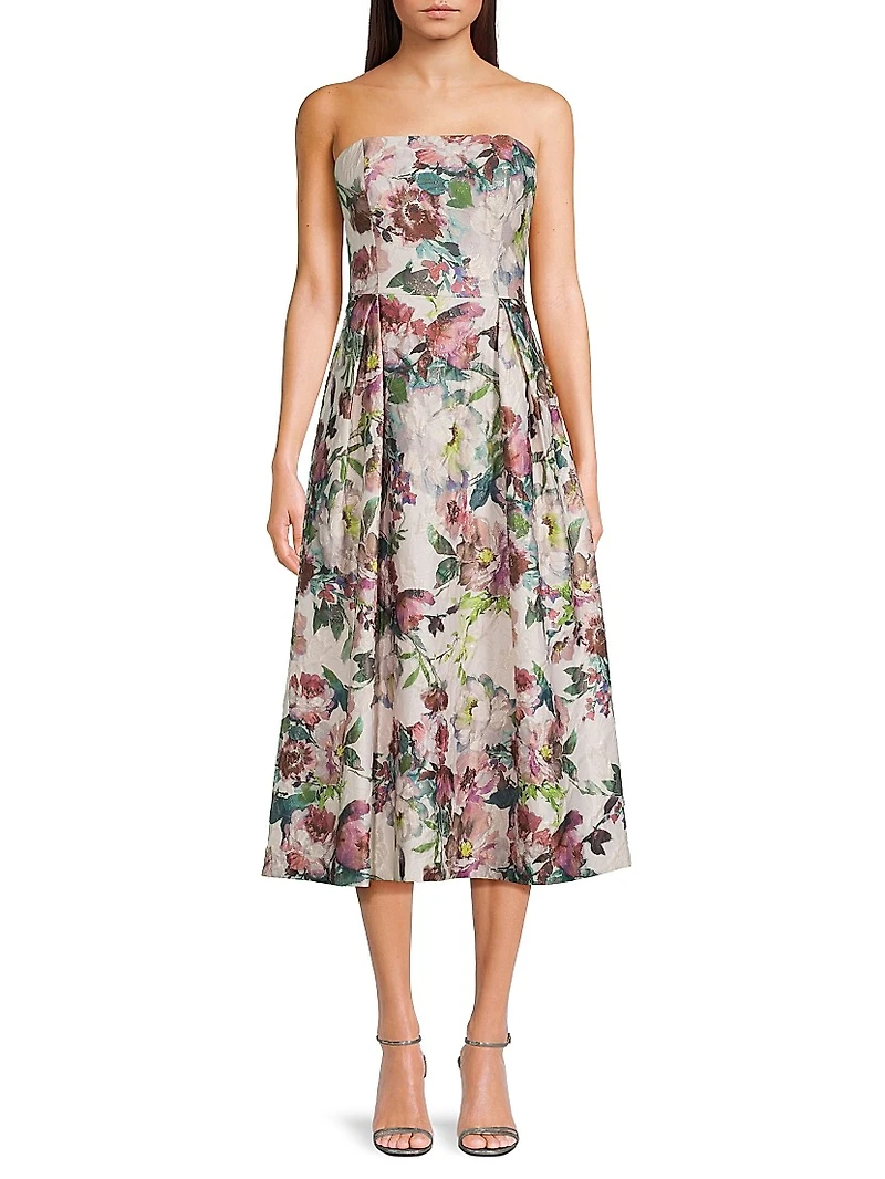 Floral Jacquard Strapless A-Line Midi-Dress