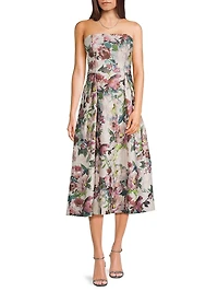 Floral Jacquard Strapless A-Line Midi-Dress