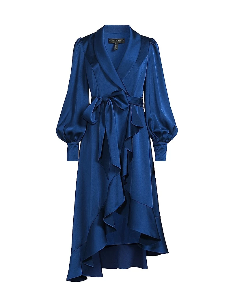 Satin Ruffle High-Low Hem Wrap Dress