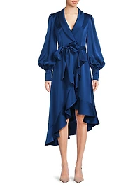 Satin Ruffle High-Low Hem Wrap Dress