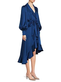 Satin Ruffle High-Low Hem Wrap Dress