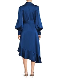 Satin Ruffle High-Low Hem Wrap Dress