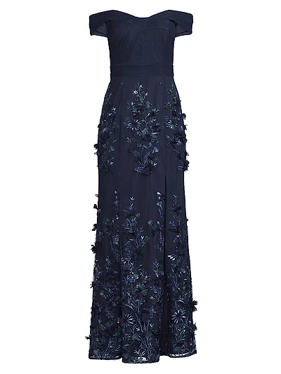 Sequined Floral-Embroidered Off-The-Shoulder Gown