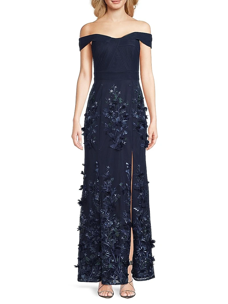 Sequined Floral-Embroidered Off-The-Shoulder Gown