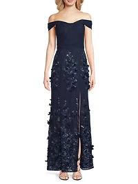 Sequined Floral-Embroidered Off-The-Shoulder Gown