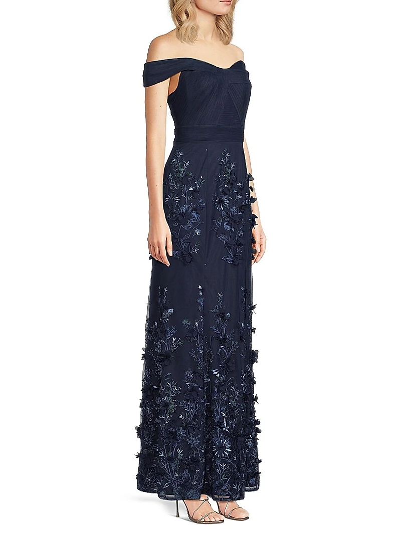 Sequined Floral-Embroidered Off-The-Shoulder Gown