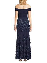 Sequined Floral-Embroidered Off-The-Shoulder Gown