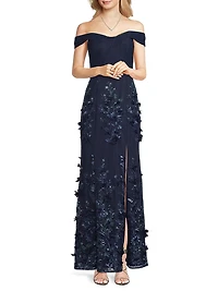 Sequined Floral-Embroidered Off-The-Shoulder Gown