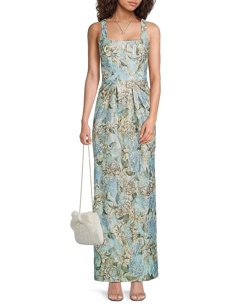 Floral Jacquard Back-Slit Sleeveless Maxi Dress