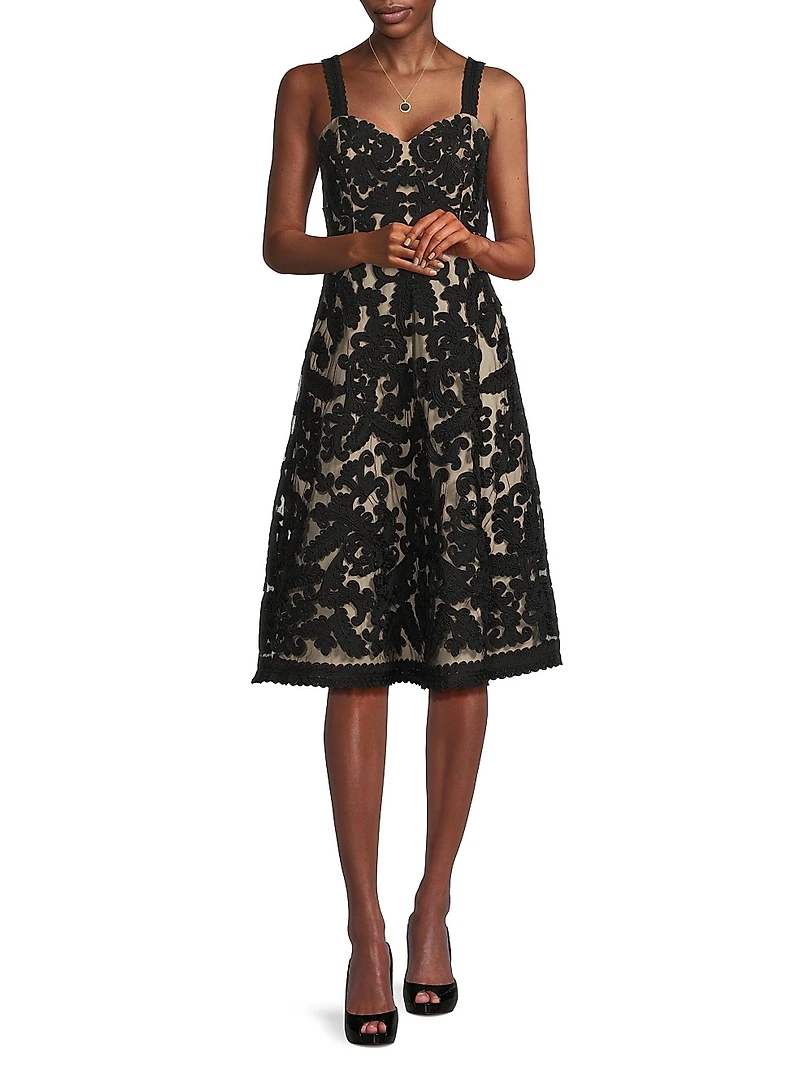 Embroidered Mesh Sweetheart A-Line Knee-Length Dress