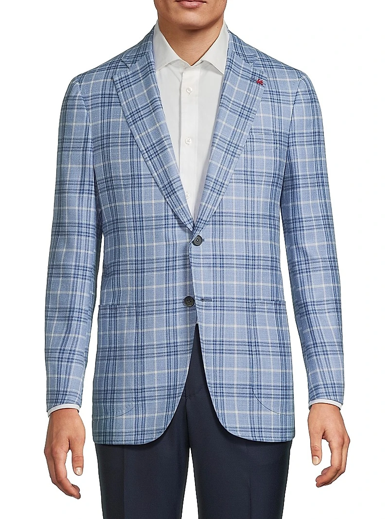 Light Blue Easy Plaid Wool-Cashmere Jacket