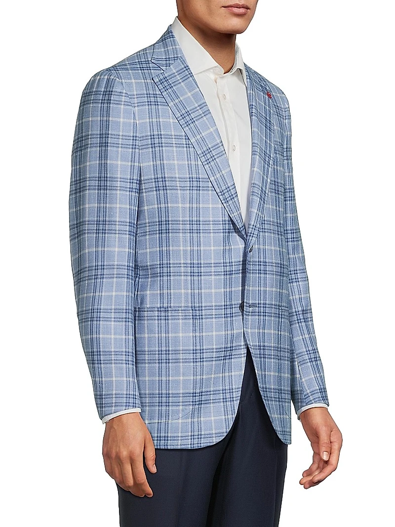 Light Blue Easy Plaid Wool-Cashmere Jacket