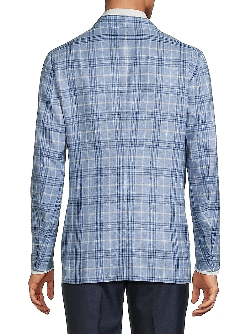 Light Blue Easy Plaid Wool-Cashmere Jacket