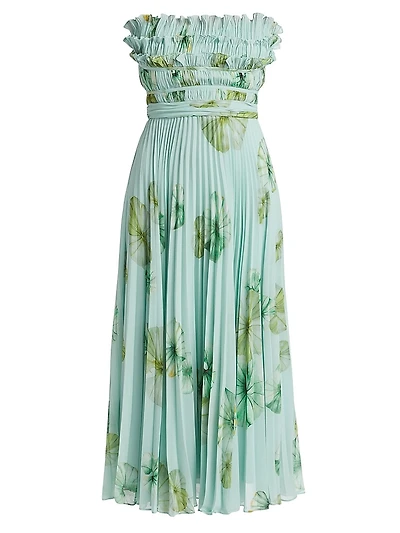 Cathy Floral Plissé Strapless Midi-Dress