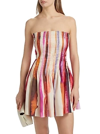 Gina Printed Pintuck Linen-Blend Strapless Minidress