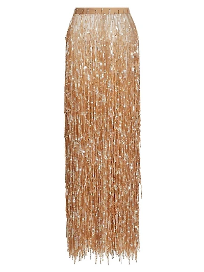 Sequin-Fringed Pencil Maxi Skirt