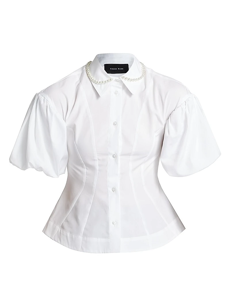 Embellished Puff-Sleeve Button-Front Shirt