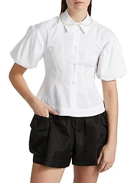 Embellished Puff-Sleeve Button-Front Shirt