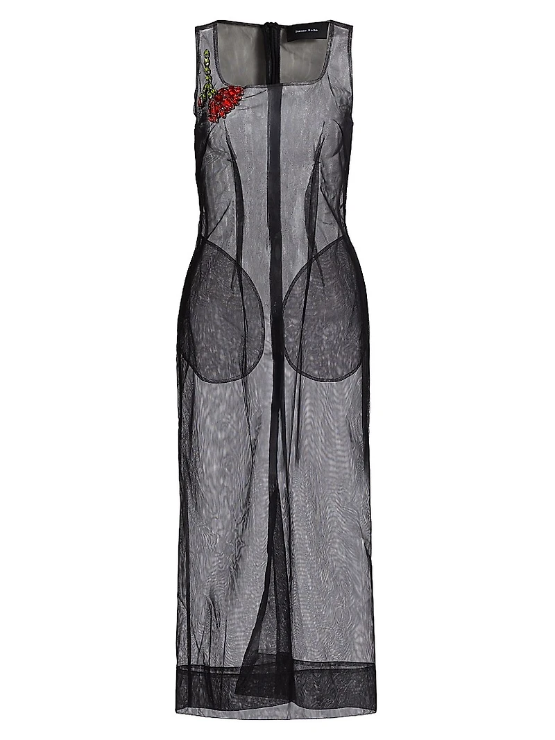 Embellished Sheer Tulle Midi-Dress