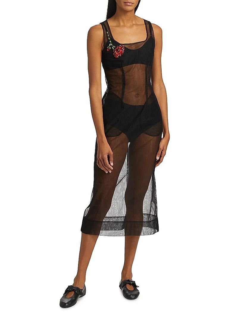 Embellished Sheer Tulle Midi-Dress